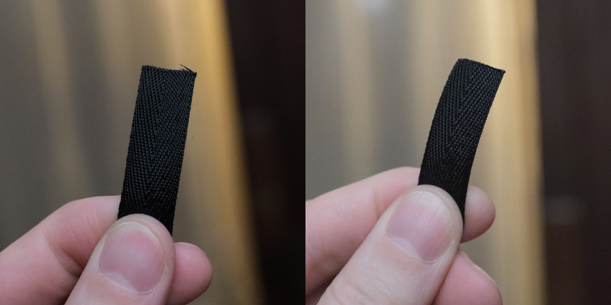 before and after - a slightly frayed cut end of the nylon webbing, and then the same piece but melted at the end to prevent fraying